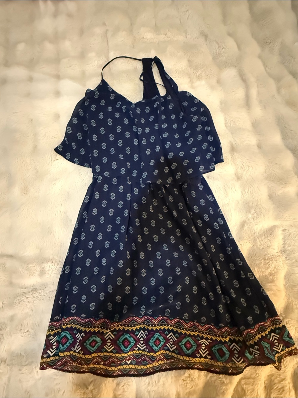 W Navy Printed Halter dress with Ethnic Border